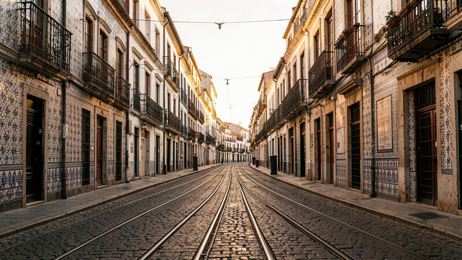Rua portuguesa com fachadas de azulejo ao amanhecer